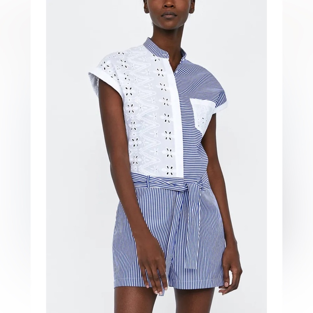 ZARA Blue White Striped Eyelet Lace Romper, Women’s Sz XS